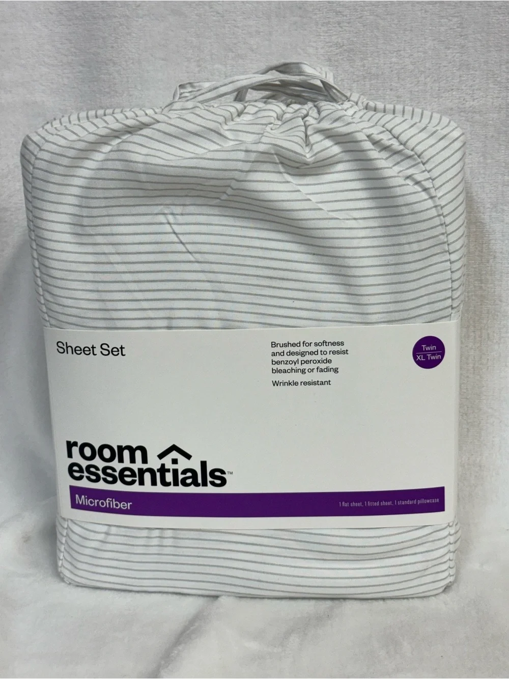 Room Essentials Twin/Twin XL White Gray Stripe Microfiber Sheet Set 3-Piece NEW